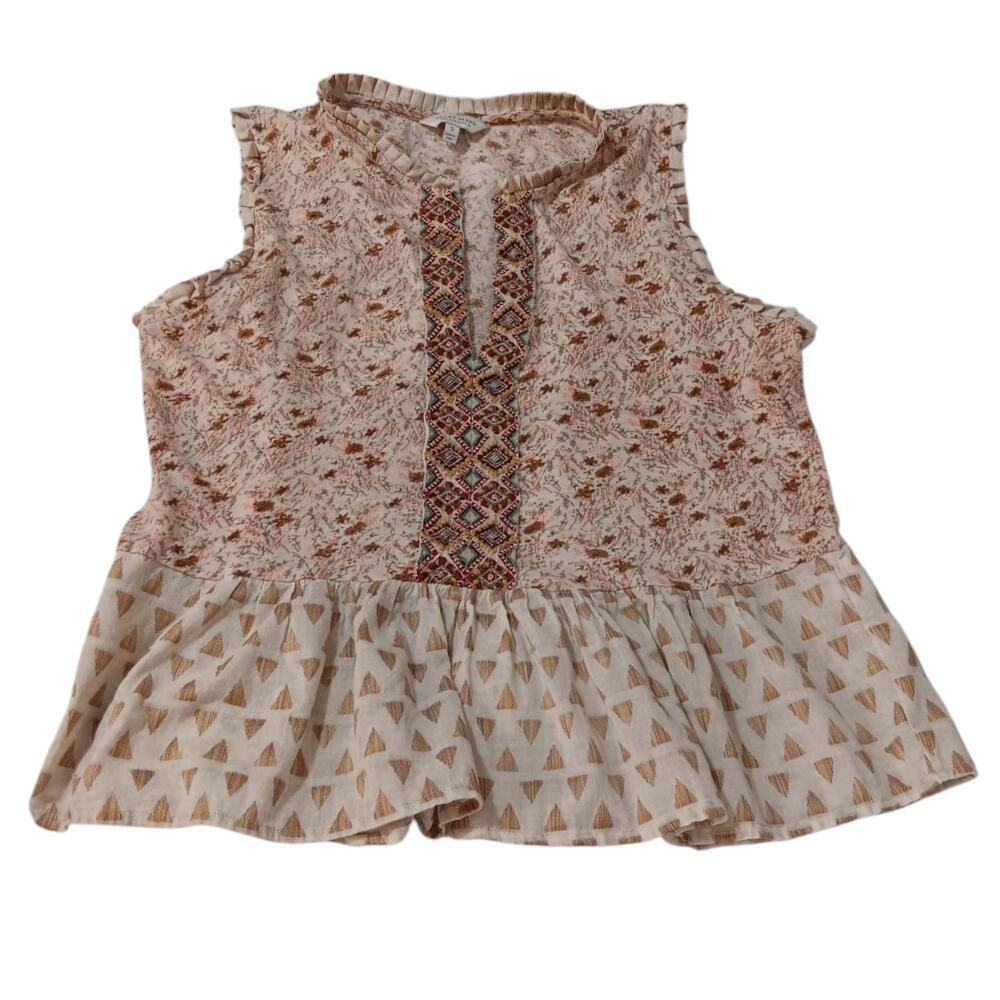 LUCKY BRAND Floral Cottagecore Top Blouse SM Ruffle‎ Peplum Embroidered Festival